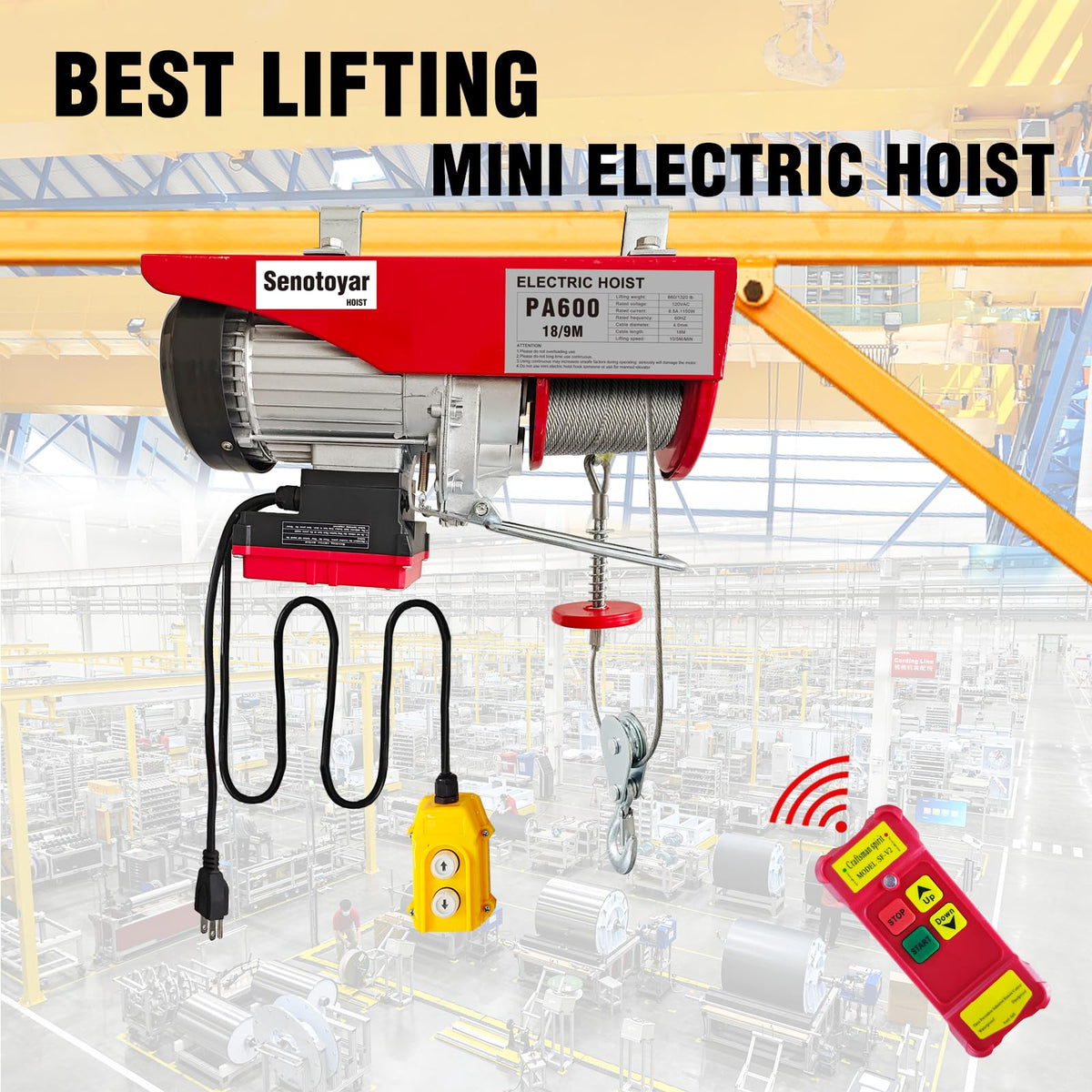 Electric Hoist 2 in 1,1320lbs Electric Hoist Winch with 98ft Wireless Control&Wired Remote Control,110v Electric Hoist 59ft/29.5ft Lifting Height for Garage Warehouse Factory,Single/Double Slings