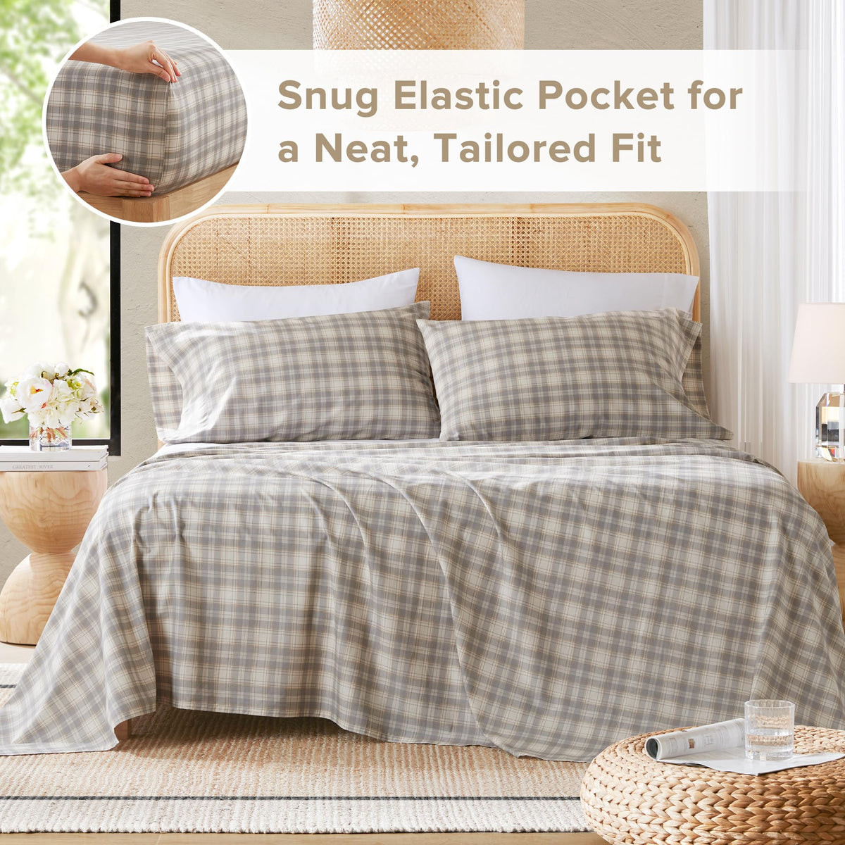 Comfort Spaces 100% Cotton Sheets Cal King, Breathable, Naturally Cool Cotton Sheets, Cotton Bed Sheets with 14" Elastic Pocket Fits up to 16" Mattress, All Seasons Sheet Set, Wesley Taupe 4 Piece