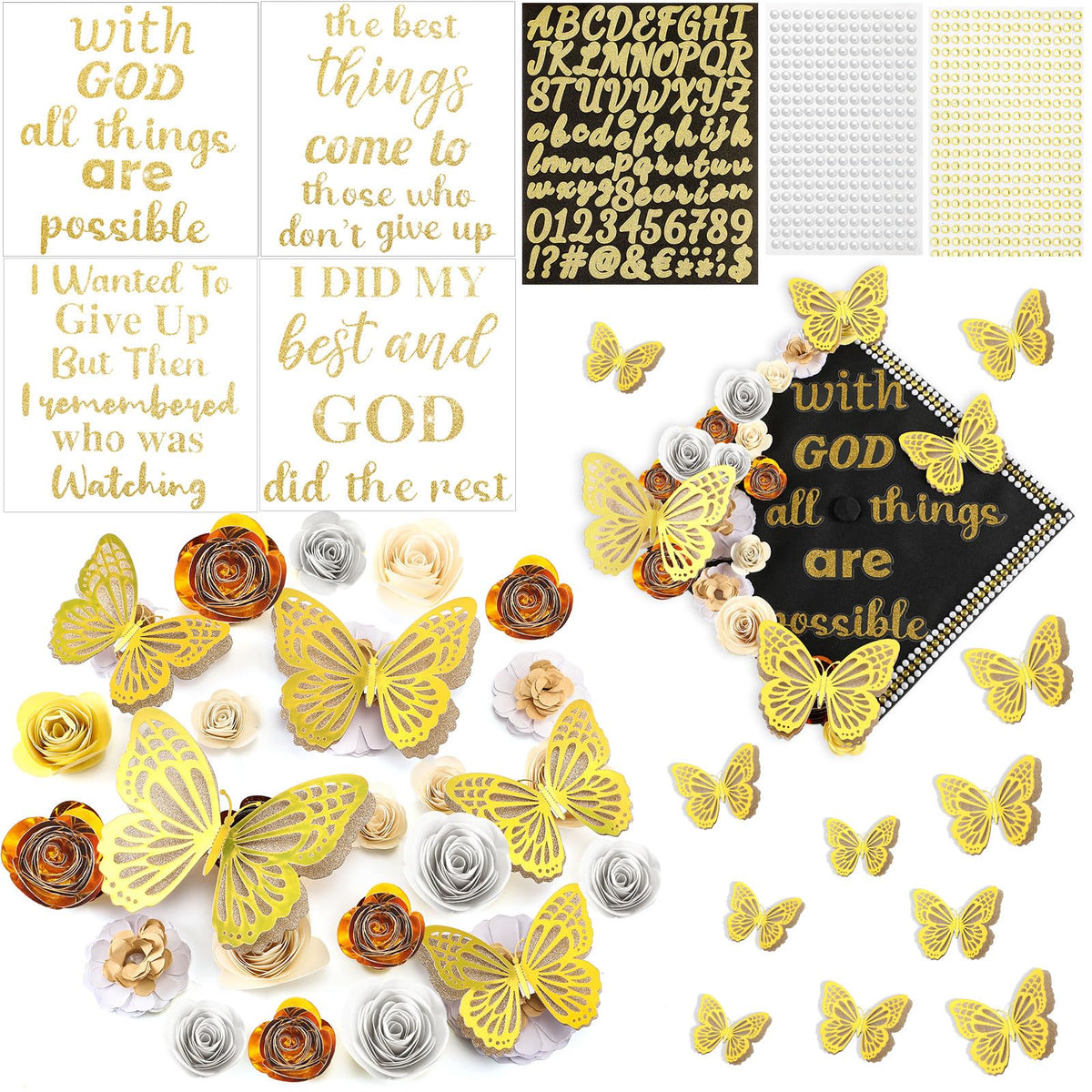 Feifeiya 44 Pcs DIY Graduation Cap Decoration Accessory Kit Faux Paper Flower Head Graduation Quote Glitter Sticker 3D Butterfly Pearl Rhinestone Sticker for Grad Cap Topper Gift(Gold)