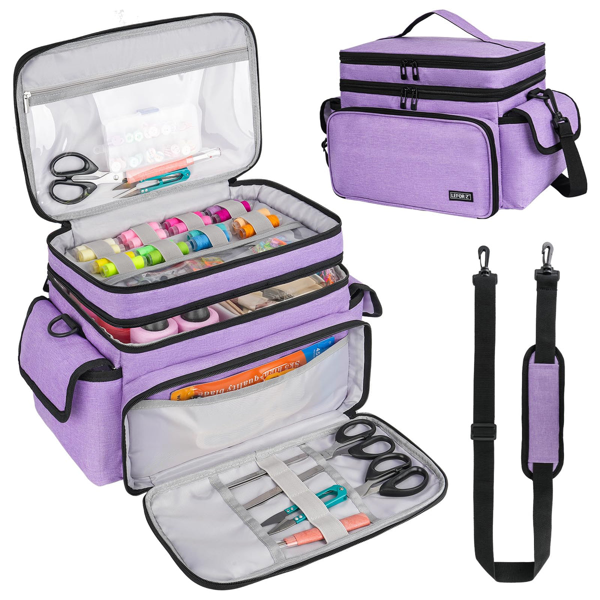 LEFOR·Z Large Sewing Supplies Organizer,Double-Layer Sewing Accessories Storage and Organizer Case Bag,Protable Travel Sewing Box Sewing Basket for Sewing Tools,Purple(Bag Only)