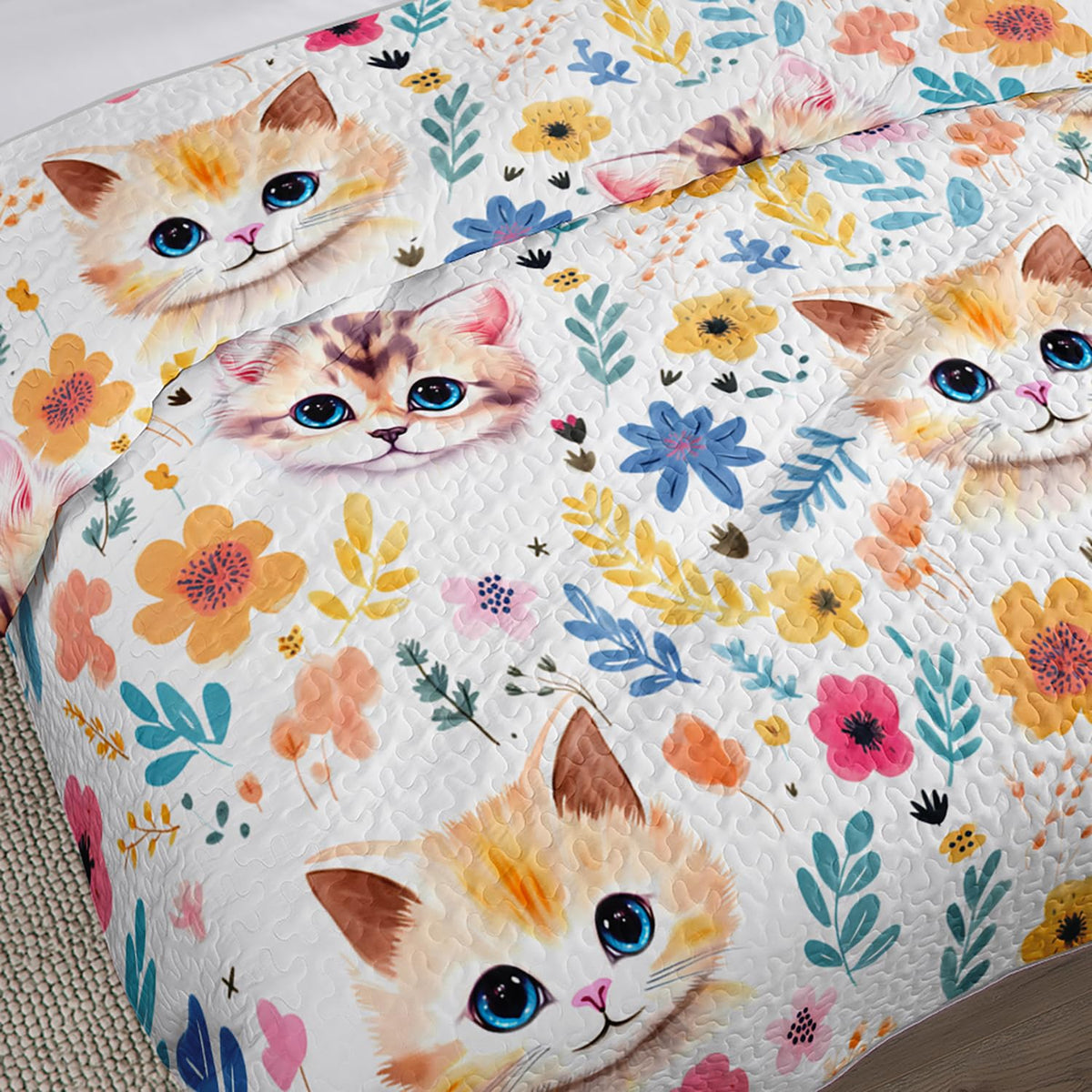 UEVBF Kawaii Cat Quilt Set,Orange Cat Flowers Pattern Bed Set for Toddler Kids Girls Room Decor,Cute Bedding Queen Quilted Sets with 2 Pillowcases.