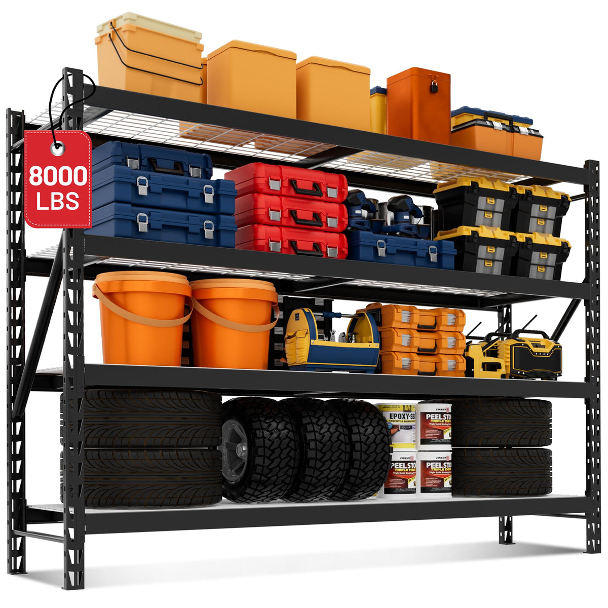 WORKPRO 77" Garage Shelving Unit, 8000LBS Heavy Duty Metal Storage Rack, Extra Wide Adjustable 4-Tier Shelves for Warehouse, Basement, and Garage, 77" W X 24" D X 72" H, Black