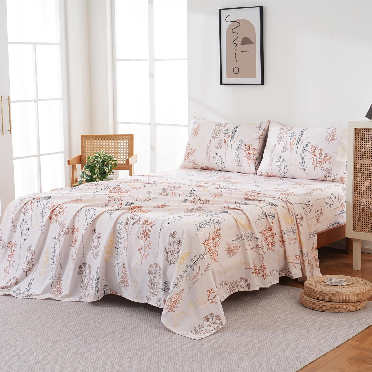Yibeizi Floral Sheet Set Queen, Boho Botanical Rustic Pattern Bed Sheets Beige Fall Bedding Sheets & Pillowcases Soft Microfiber 15" Extra Deep Pocket Fitted Bedsheet 4 Piece