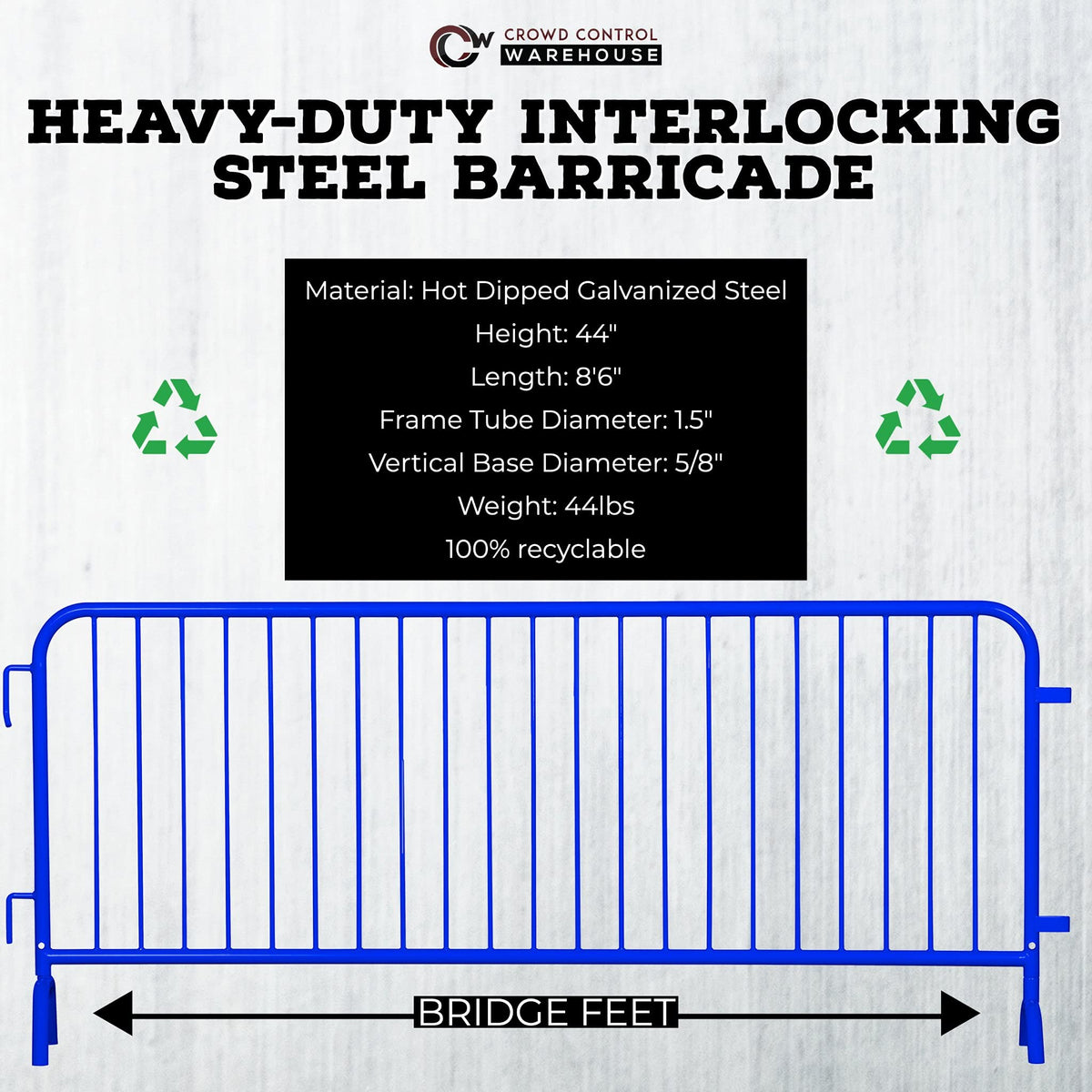 Angry Bull Barricades Metal Interlocking Steel Barricade (8.5 Ft. Heavy Duty, Bridge Feet, Blue Powder Coated, Set of 10)