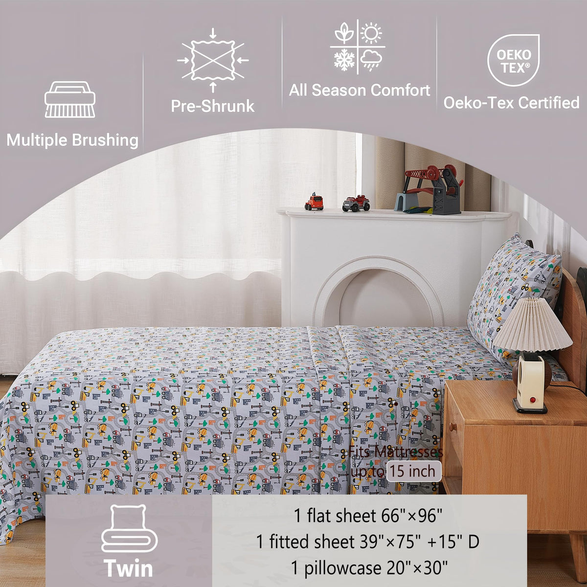 Softan Kids Bed Sheet Set, 3-Piece Twin Sheets Set, Microfiber Fitted Sheet with 15 Inches Deep Pocket and Corner Straps, Breathable & Silky Soft Excavator Pattern Sheet and Pillowcase Sets