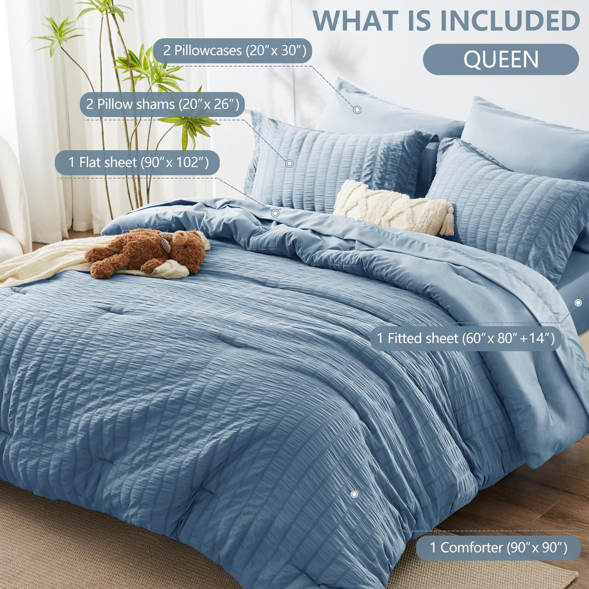 HIMEET Queen Comforter Set - 7 Pieces Seersucker Bed in a Bag, Boho Bedding Sets for Bedroom Decor, All Season Home Essential Bed Set with Comforter, Sheets, Pillowcases & Shams, Grayish Blue