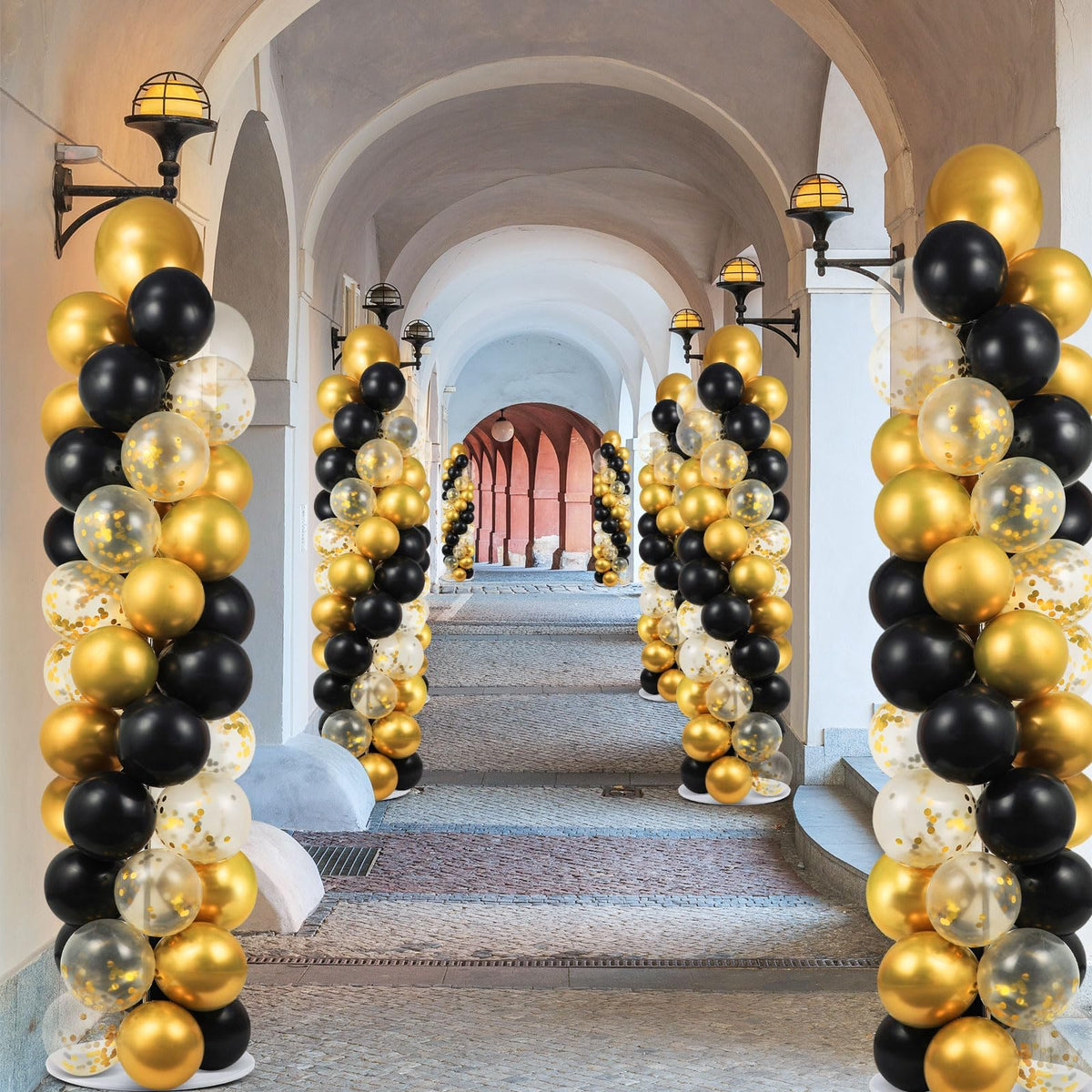 2 Sets Balloon Column Stand Kit with 100 Balloons Summer Adjustable Balloon Tower Stand with Bases for Floor Black Gold Balloon Arch Column for 50th Birthday Wedding Engaged Back to School Party Decor