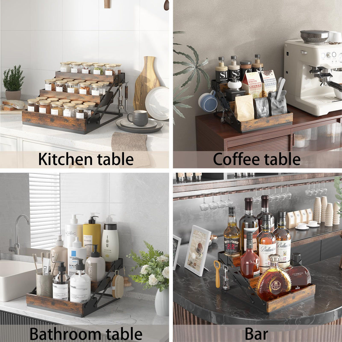 KOKSTOP 3 Tier Spice Rack Organizer for Cabinet, Foldable Spice Rack for Countertop, Cabinet Drawers Rustic Wooden Seasoning Spice storage for Kitchen Station, Pantry, Home - 1PC
