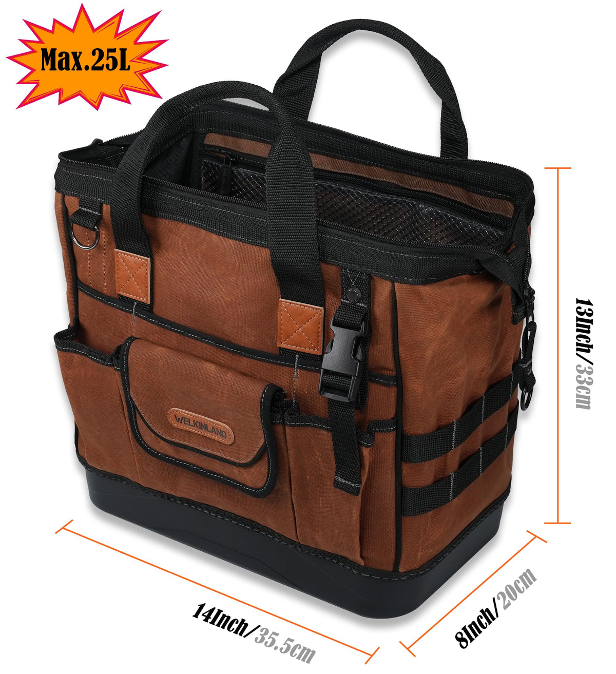 WELKINLAND 22-Pockets Hard Bottom Tool Bag, 14-Inch Waxed Canvas Tools Bag, 25L Heavy Duty Electrician Bags, HVAC Service Bags, Mechanic, Technician Tool Bag