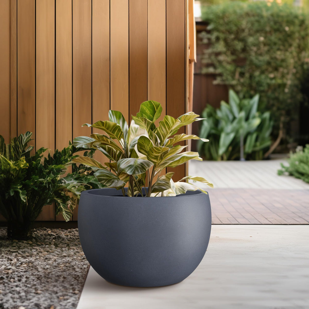 Kante 15.7" Dia Round Concrete Planter, Outdoor/Indoor Large Bowl Plant Pots with Drainage Hole and Rubber Plug for Garden Patio Balcony Home, Charcoal