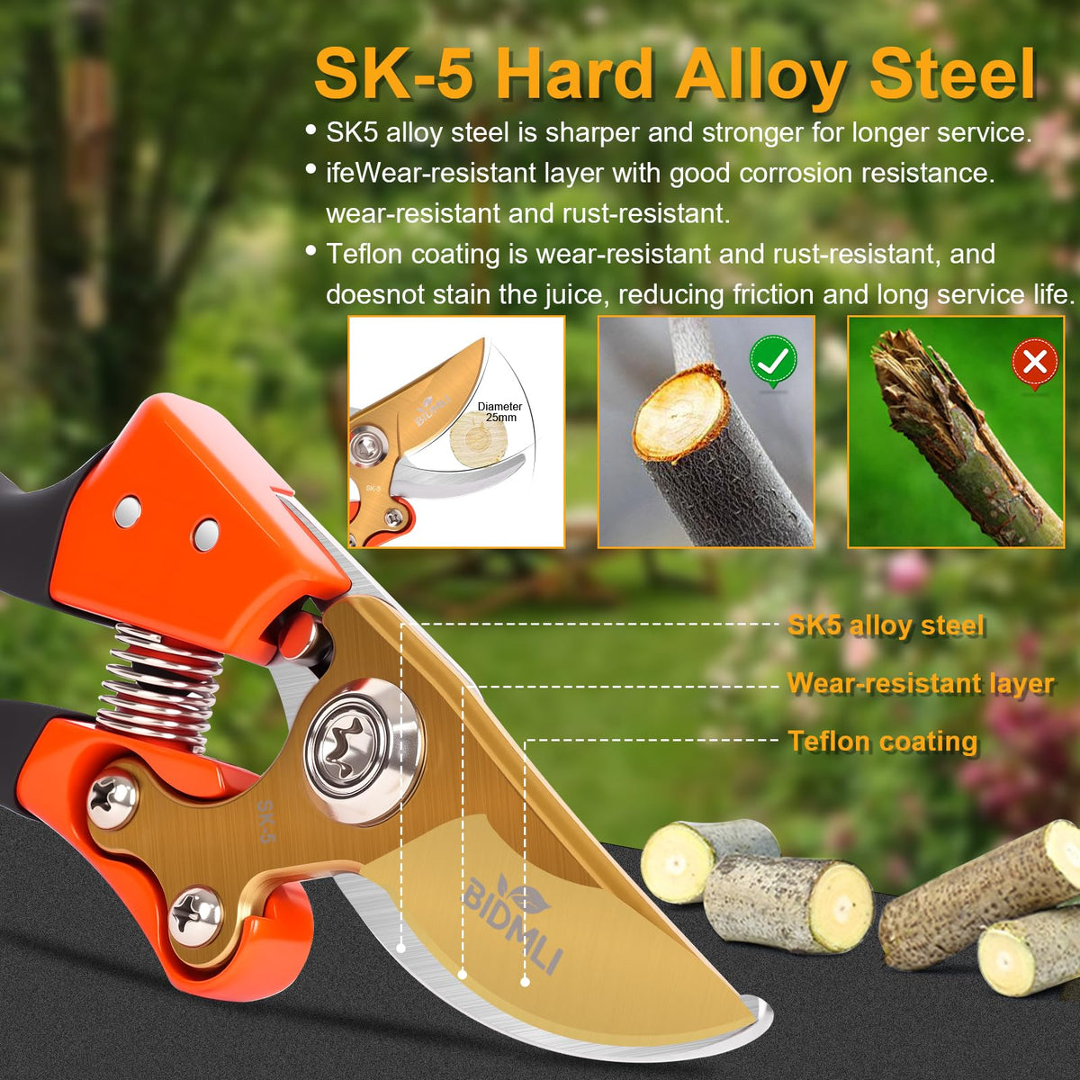 Heavy Duty Pruning Shears，Garden Scissors & Clippers with Red-BIDMLI 8.66" SK5 Steel Blades & Aluminum Alloy Handles, Tree Branch Cutter, Ideal for Thick Branches, Dry Twigs, Flower Pruning Tool.