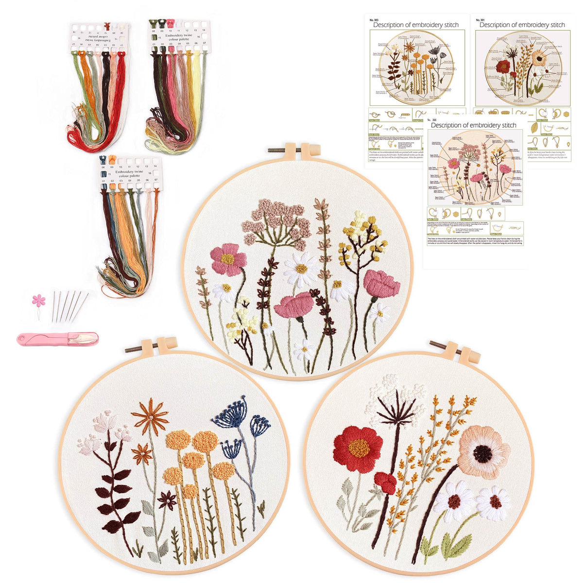 Harimau 3 Pack Embroidery Kit for Beginners , Floral Plant Pattern,Cross Stitch Kits Set , Including Stamped Embroidery Cloth with 3 Embroidery Hoops, Color Threads and Tools (Flower)