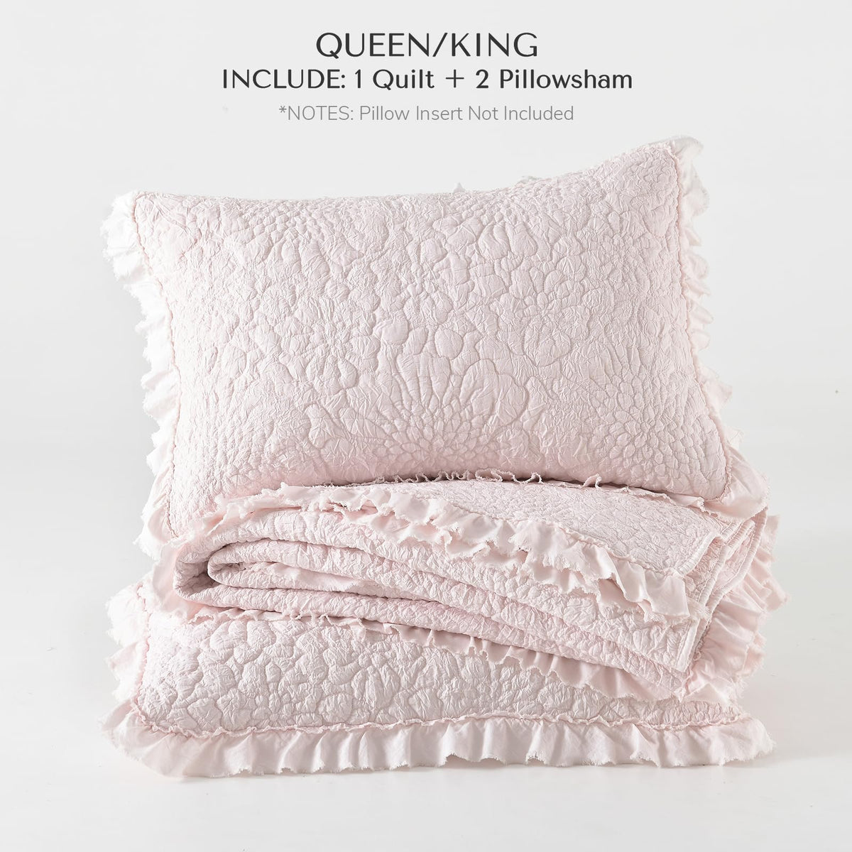 HORIMOTE HOME Pink Ruffled Quilt King Size, Stone-Washed Microfiber Lightweight Crinkled Farmhouse Rustic Shabby Chic Bedding Set, 3 Pieces Reversible Bedspread with Pillow Shams for All Season