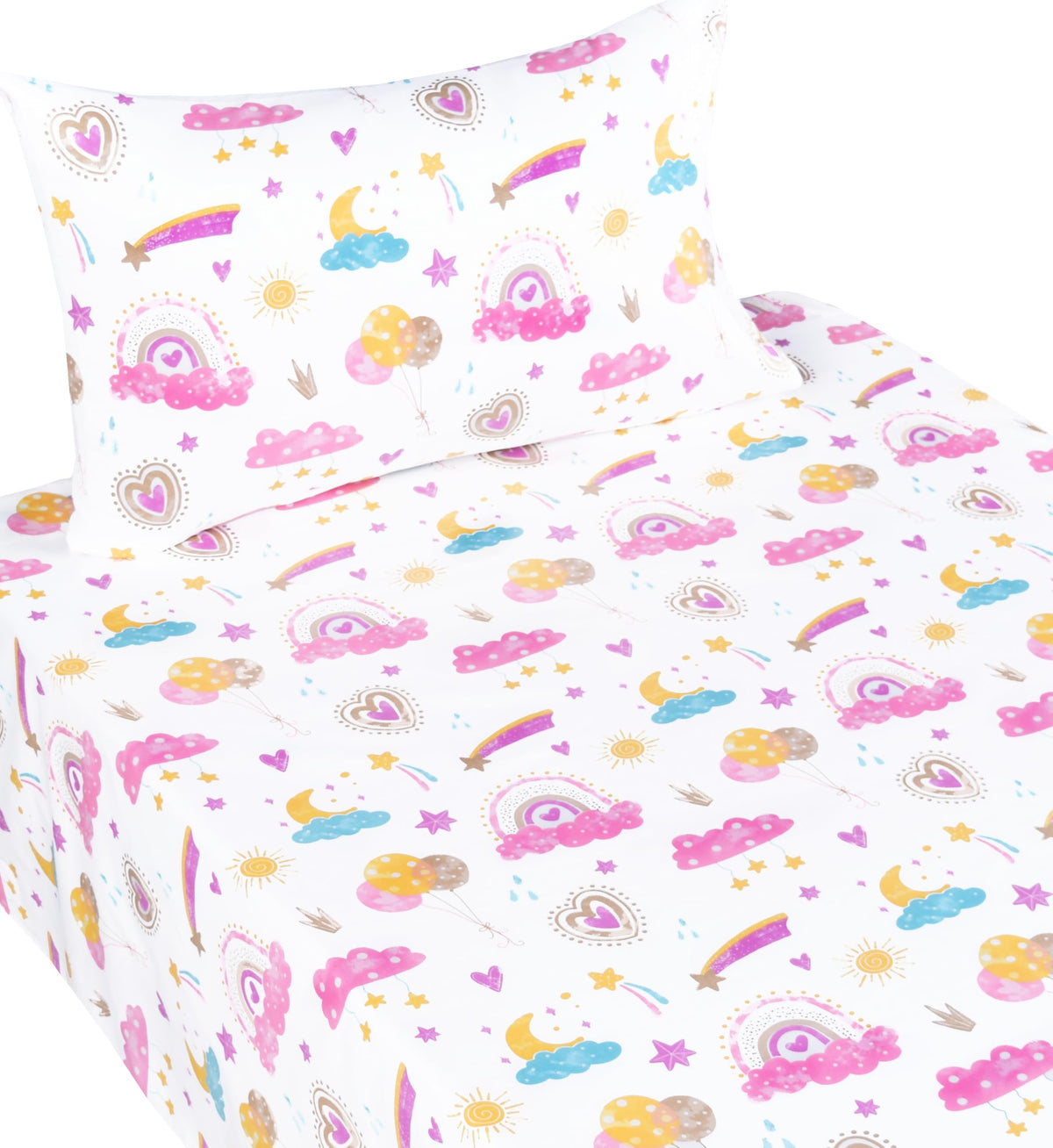 Scientific Sleep Pink Cloud Heart Rainbow Balloon Moon Star Cute Fun 100% Cotton Cozy Twin Bed Sheet Set, Flat Sheet & Fitted Sheet & Pillowcase Natural Bedding Set