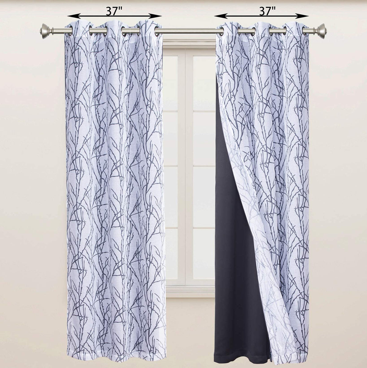 BONZER Mix and Match Curtains - 2 Pieces Branch Print Sheer Curtains and 2 Pieces Blackout Curtains for Bedroom Living Room Grommet Window Drapes, 37x95 Inch/Panel, Grey Dark, Set of 4 Panels