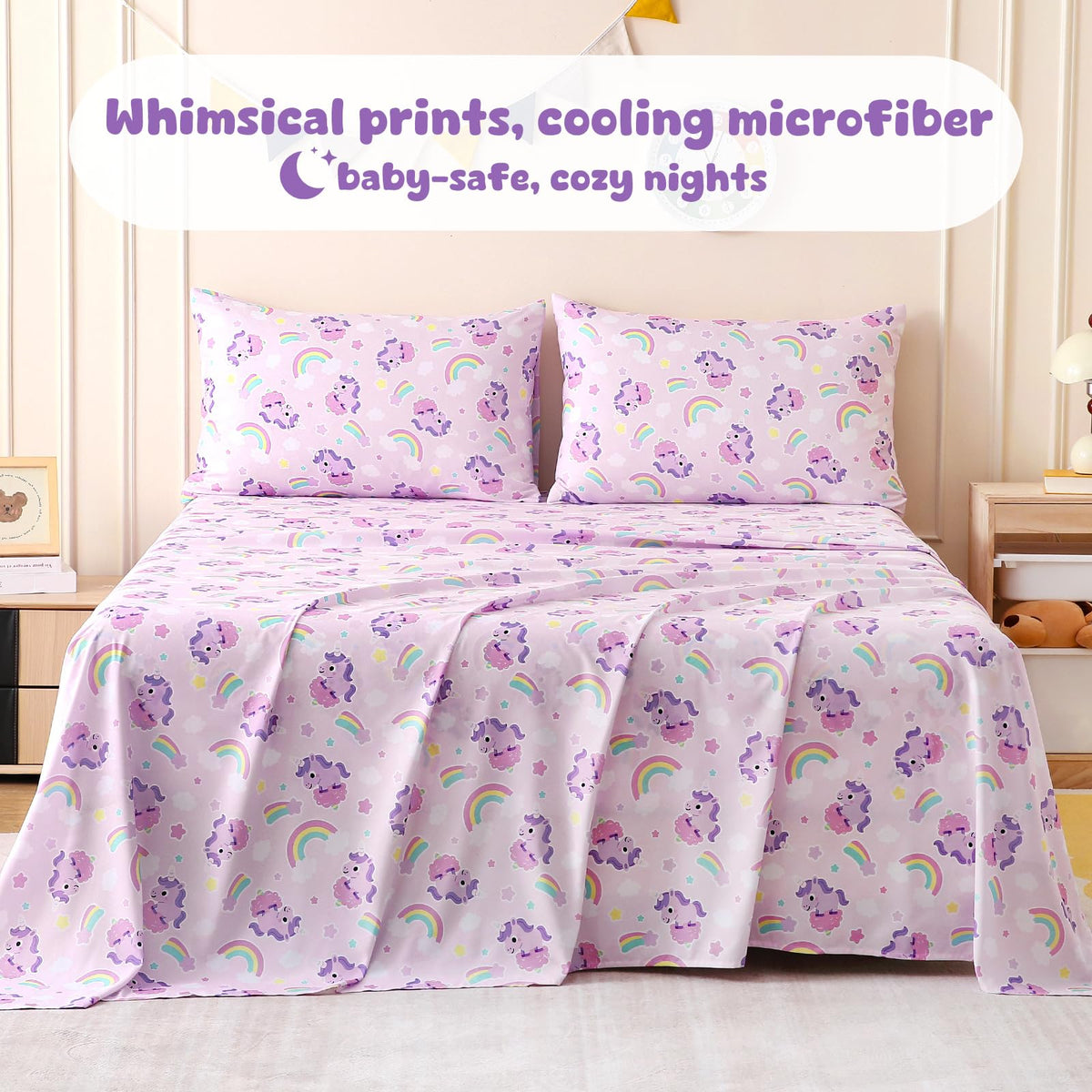 LONAVA Twin Sheet Set Kids - 3 Pieces Soft Microfiber Cartoon Style Bedsheets for Boys Girls Teens, Oeko TEX, Breathable Deep Pocket Sheets (Purple Unicorn)