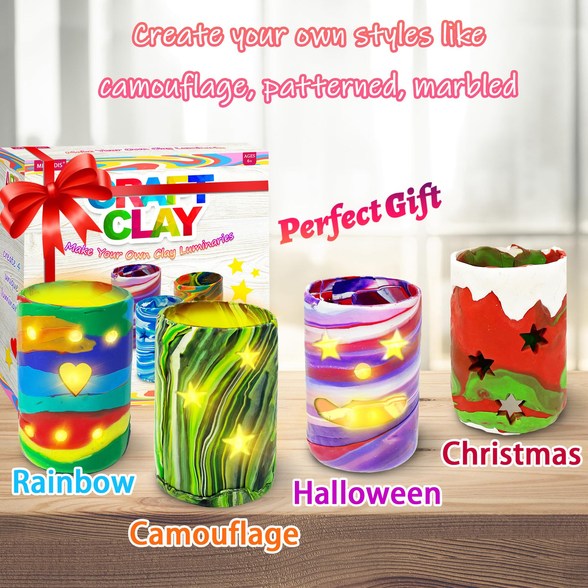 MHMYDIS Make Your Own Clay Luminaries - Arts and Crafts kit for Boys Girls and Teens Age 6 7 8 9 10 11 12 Year Old and up - Creative Clay Lantern Toys for 8-12 Year Olds