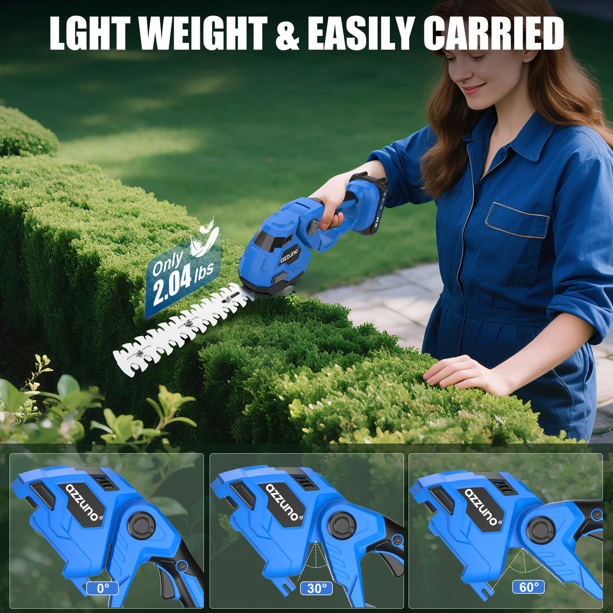 AZZUNO Hedge Trimmer Cordless, 21V Battery Powered Electric Hedge Trimmer Grass Shears with Battery and Charger Included, 2-in-1 Handheld Grass Cutter Shrub Trimmer for Gardens, Yards, Lawns