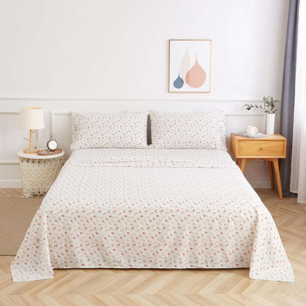 California King Bed Sheet Set 4PC Printed Red Cute Flower Sheet Pattern Cooling Brushed Microfiber Deep Pocket Floral Sheets Set Luxury, Soft, Breathable, Hypoallergenic, Wrinkle Free Double Bedding