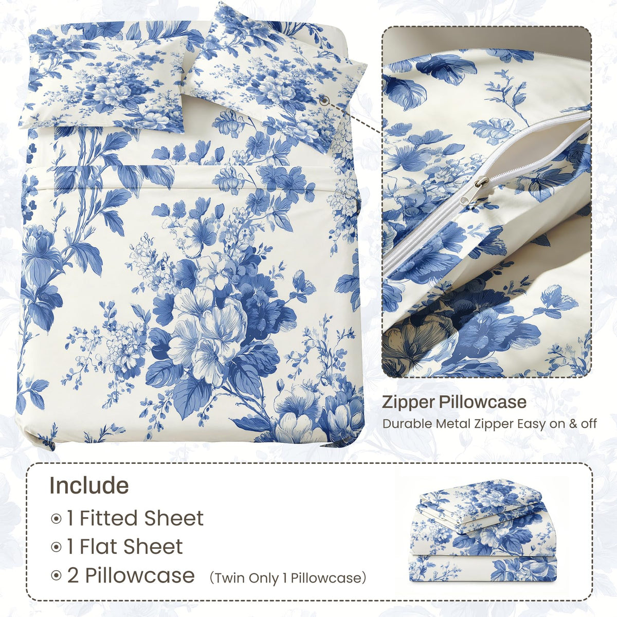 Blue White Floral California King Sheet Set 4 Pcs Chinoiserie Bed Sheets