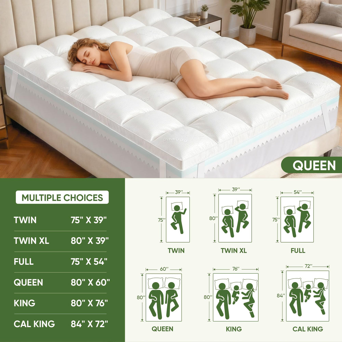 5 Inch Twin Mattress Topper,Memory Foam Mattress Toppers-2.5" Cooling Gel Foam Mattress Pad+2.5" 1500GSM Thick Bamboo Pillow Top with 2X Soft and Supportive for Back Pain Relief,75 * 39 * 5in