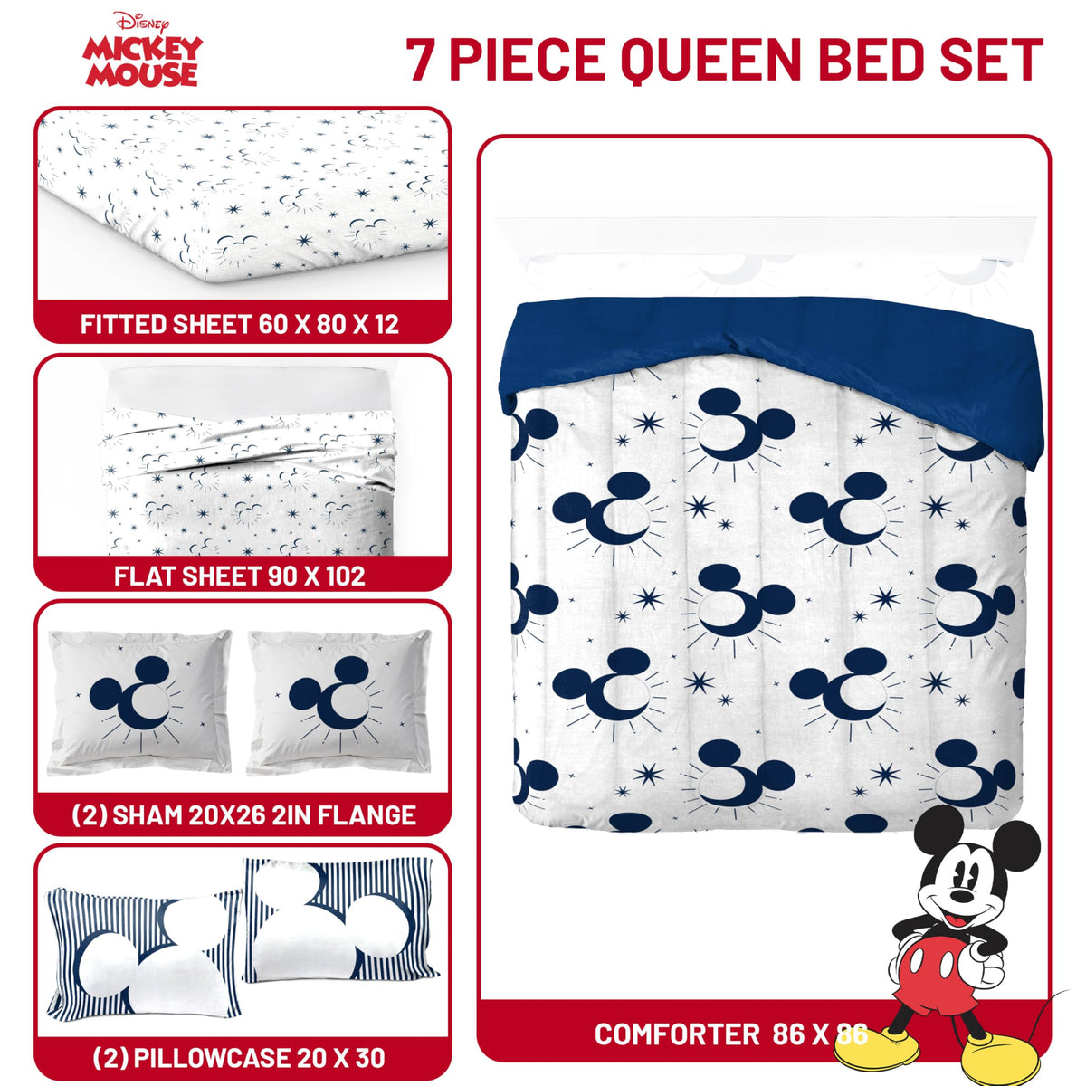 Jay Franco Disney Mickey Mouse Queen Comforter Set - 7 Piece Bedding Includes Sheet Set & Pillow Covers - Super Soft Cozy Celestial Bedding