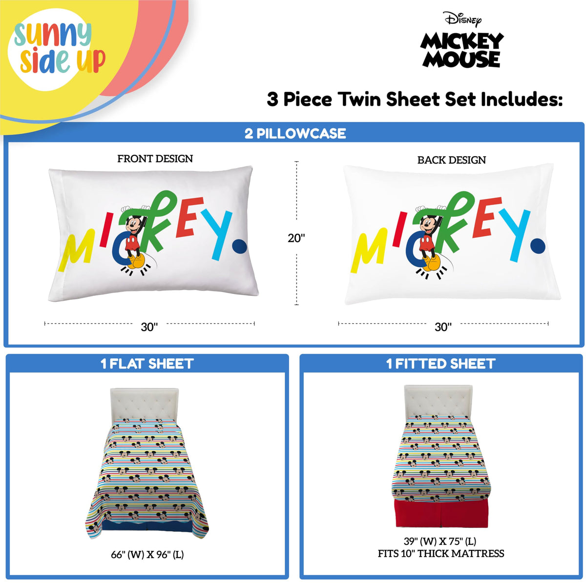 Sunny Side Up Disney Mickey Mouse Twin Sheet Set - 3 Piece Kids Bedding Set Includes Pillow Cover - Super Soft Microfiber Sheets