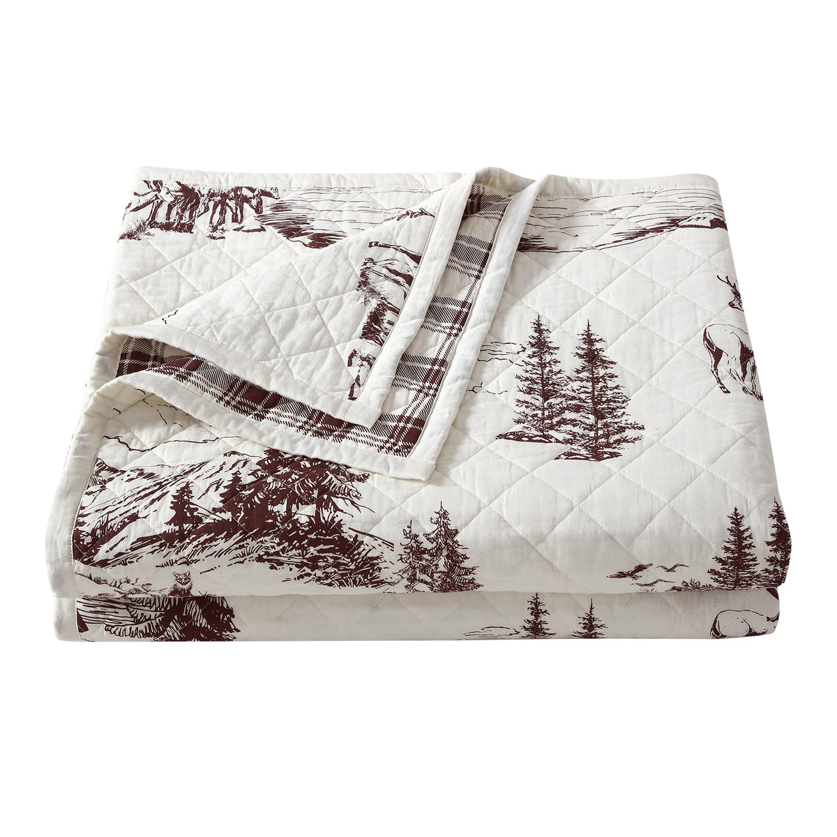 Paseo Road White Pine Rustic Bedding 3 Piece Full Queen Quilt Set, Cotton White Brown Bear Deer Pine Tree Woodland Print Cabin Bedding, Reversible Lodge Quilt Set with Pillow Shams