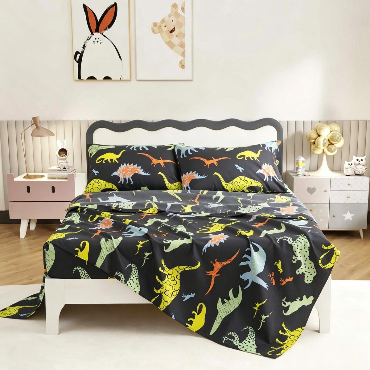SDY 4 Pieces Dinosaur Sheets Full, Cartoon Dinosaur Full Size Sheets for Boys, Girls, Kids and Toddler, Bed in A Bag Packaged with 1 FittedSheet+ 1 Top FlatSheet + 2 Pillowcases