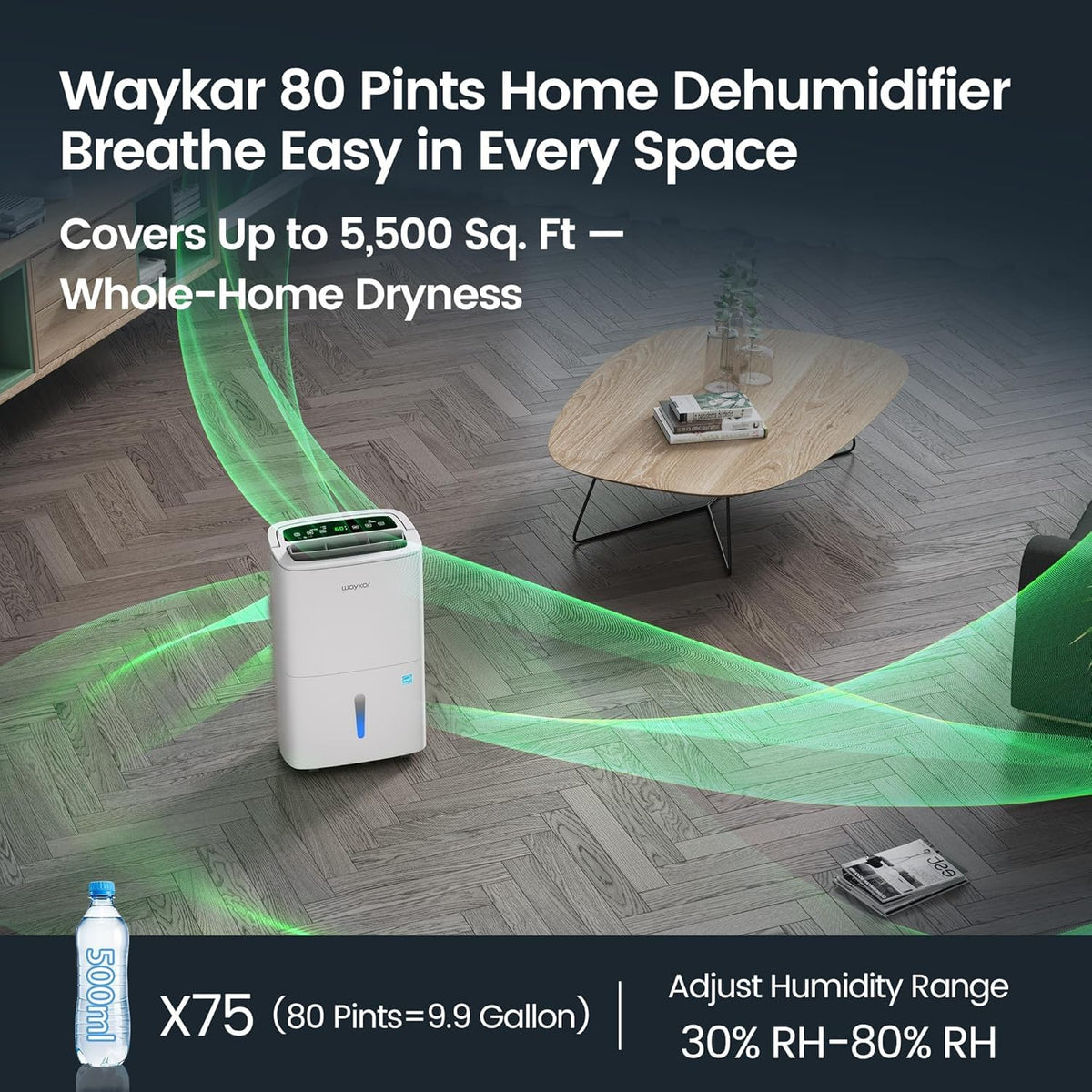 Waykar 5,500 Sq. Ft. 80 Pints 2025 Energy Star Dehumidifier for Home and Basement with Auto or Manual Drainage, Ideal for Large Rooms, Portable, Auto Defrost and Self-Drying