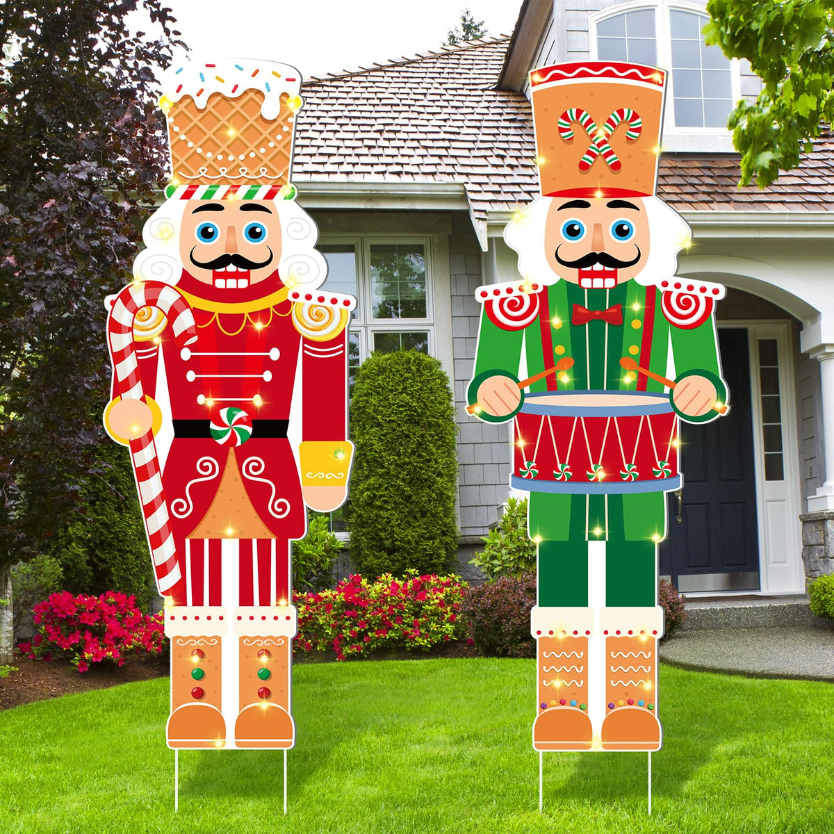 Wenqik 2 Pcs Large Christmas Nutcracker Outdoor Decorations with LED Light, Nutcracker Yard Sign with Stakes 39 x 13 Inch Christmas Outdoor Yard Decorations for Xmas Holiday Lawn Porch Party Supplies