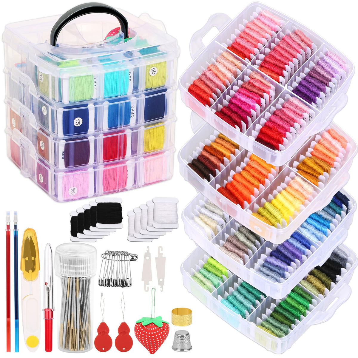 PAXCOO 276 Pack Embroidery Floss Thread Kit Including 210 Colors Cross Stitch Sewing Thread with 66 Pcs Embroidery Accessories and 4-Tier Transparent Embroidery Thread Storage Organizer Box