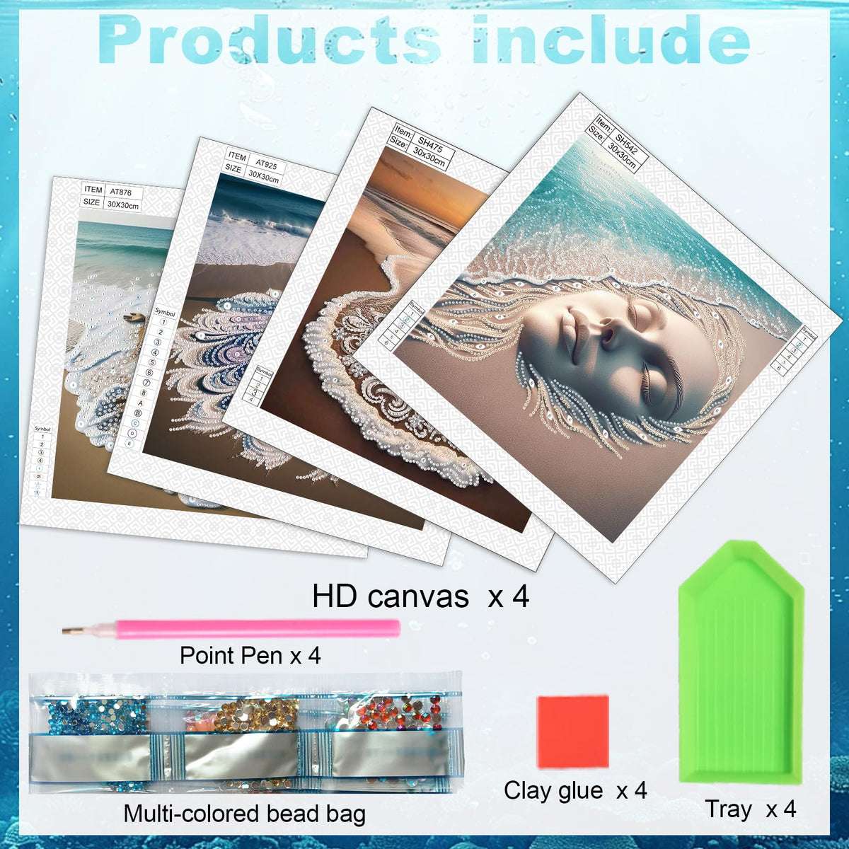 antor 4-Piece Beach Diamond Art Kits for Adults, Special Shaped Diamond Painting Kits, DIY Crystal Rhinestones Gem Art Crafts for Home Decor, Beginner Friendly, 11.8 x 11.8 Inch