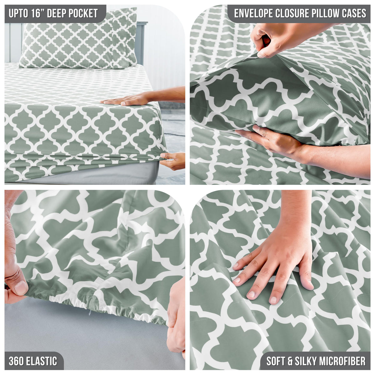 LUX Décor Quatrefoil Twin Sheet Set - 3 Piece Ultra-Soft Microfiber Bed Sheets with Flat Sheet, 16 Inches Deep Pocket Fitted Sheet & Pillowcases, Breathable, Bedroom Decor, Oeko-TEX - Grey White