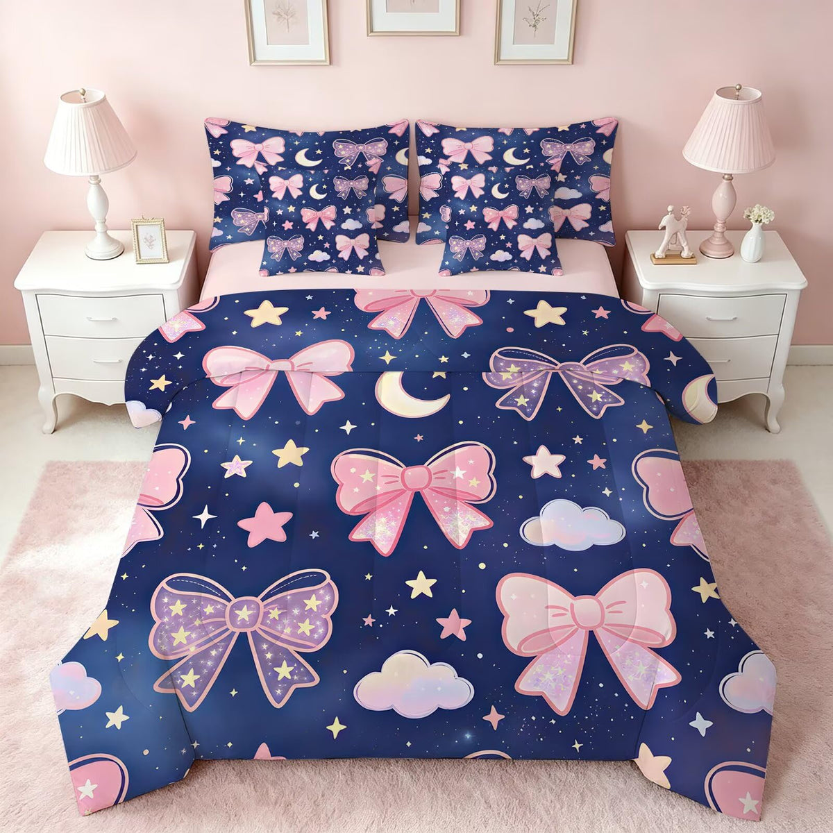 FUYEUN Pink Bow Dark Blue Night Sky 7 Piece Twin Comforter Set for Girls