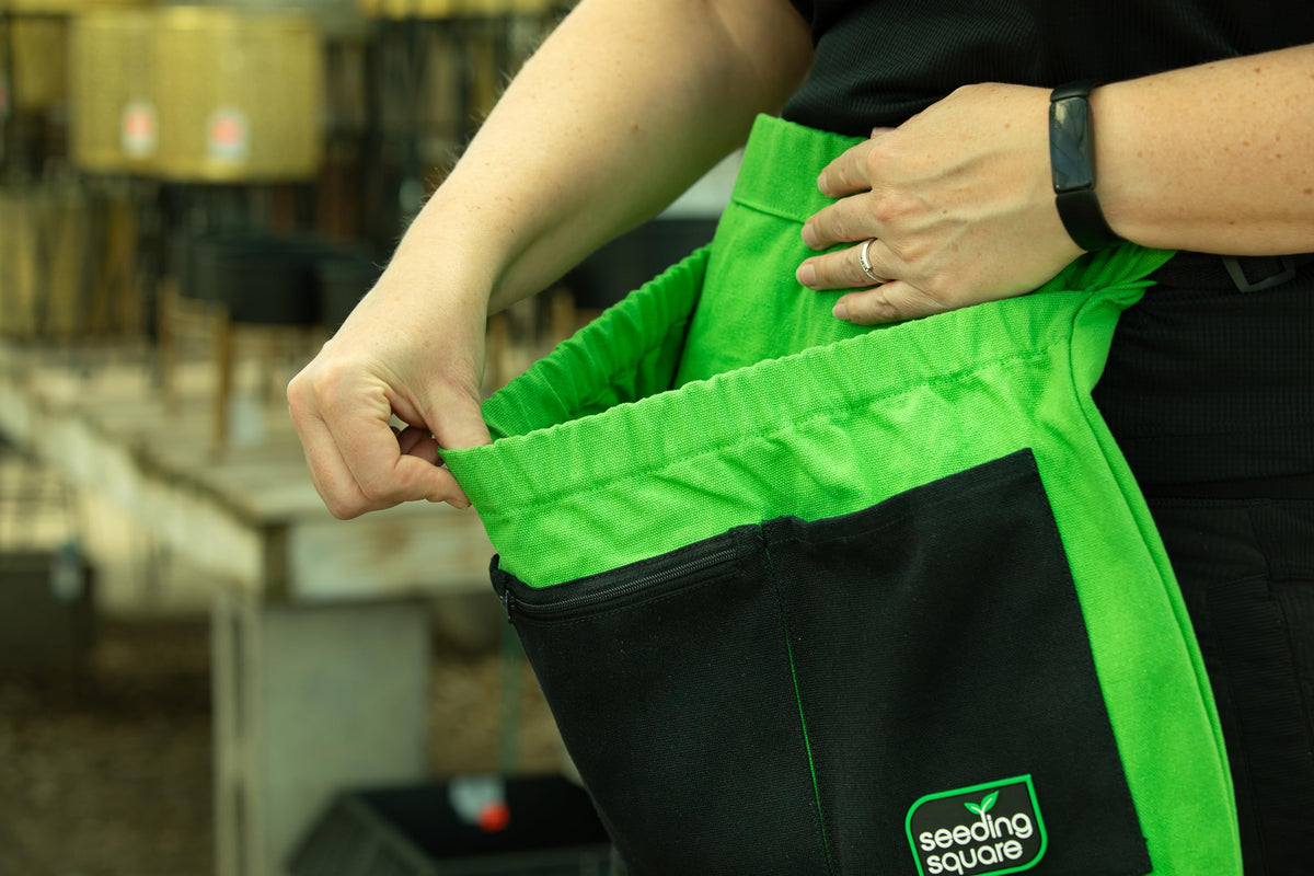 Seeding Square Harvest Garden Apron – pick fruits, vegetables, eggs and weeds & store small tools, seeds and personal items (Green Pockets on Black)