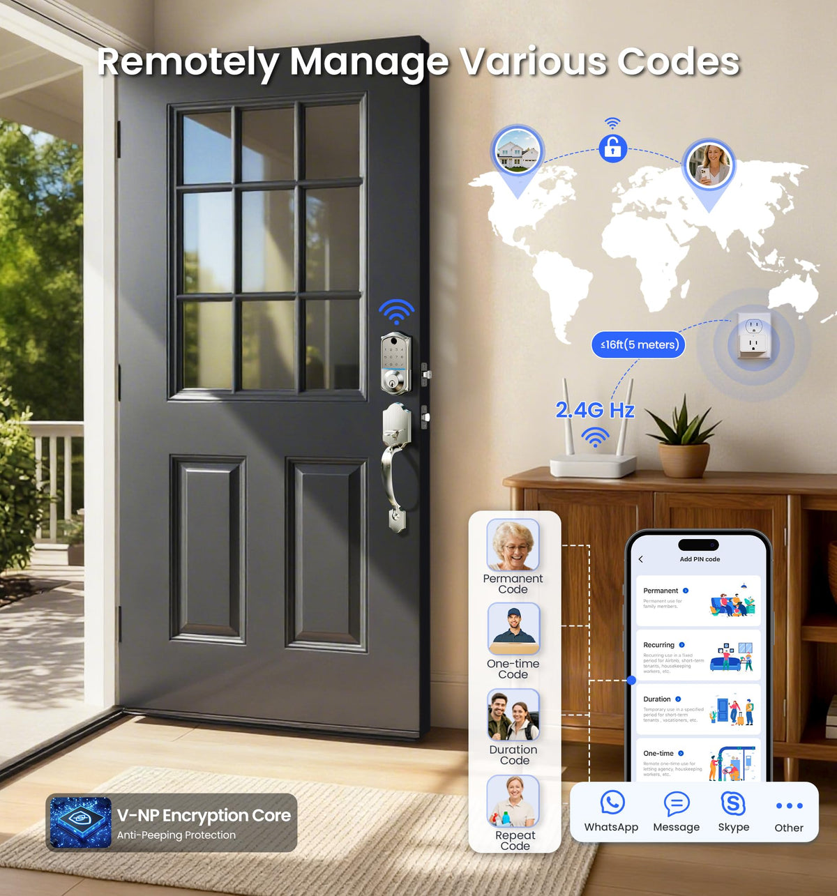 Veise VE017G-H Wi-Fi Smart Fingerprint Front Door Lock Set, Remote App Control, Keyless Entry Deadbolt with Handle, Backlit Keypad, IP55 Weatherproof, Auto Lock, Easy to Install, Satin Nickel