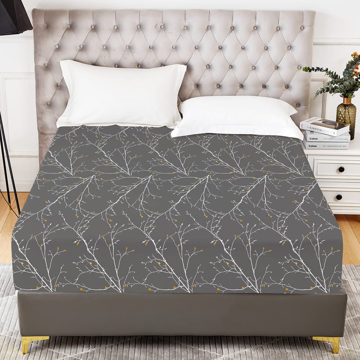 YIYEA Floral Fitted Sheet Only, Premium Double Brushed Microfiber Deep Pocket Fitted Sheet Queen Size, Ultra Soft Fitted Bottom Sheet, Shrinkage, Fade Resistant, Queen