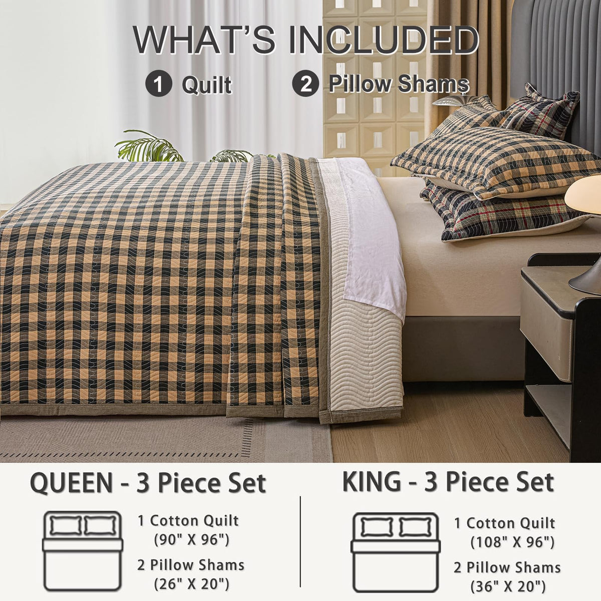 tohrisa Cotton Plaid Quilt Set, Ultra Soft 3 Pieces Queen Size Bedding with 2 Pillow Shams, Lightweight Reversible Coverlet Bedspread with Wave Quilting for Summer, 90"x96", Grid- Dark Green