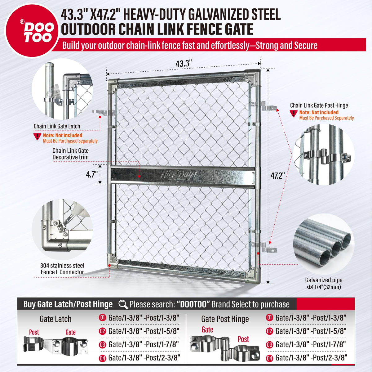 DooToo 4x4FT(43.3"W x 47.2"H) Heavy Duty Galvanized Steel Chain Link Gate, Durable Outdoor Fence Gate Easy Installation for Backyard丨Garden丨Pet Yard