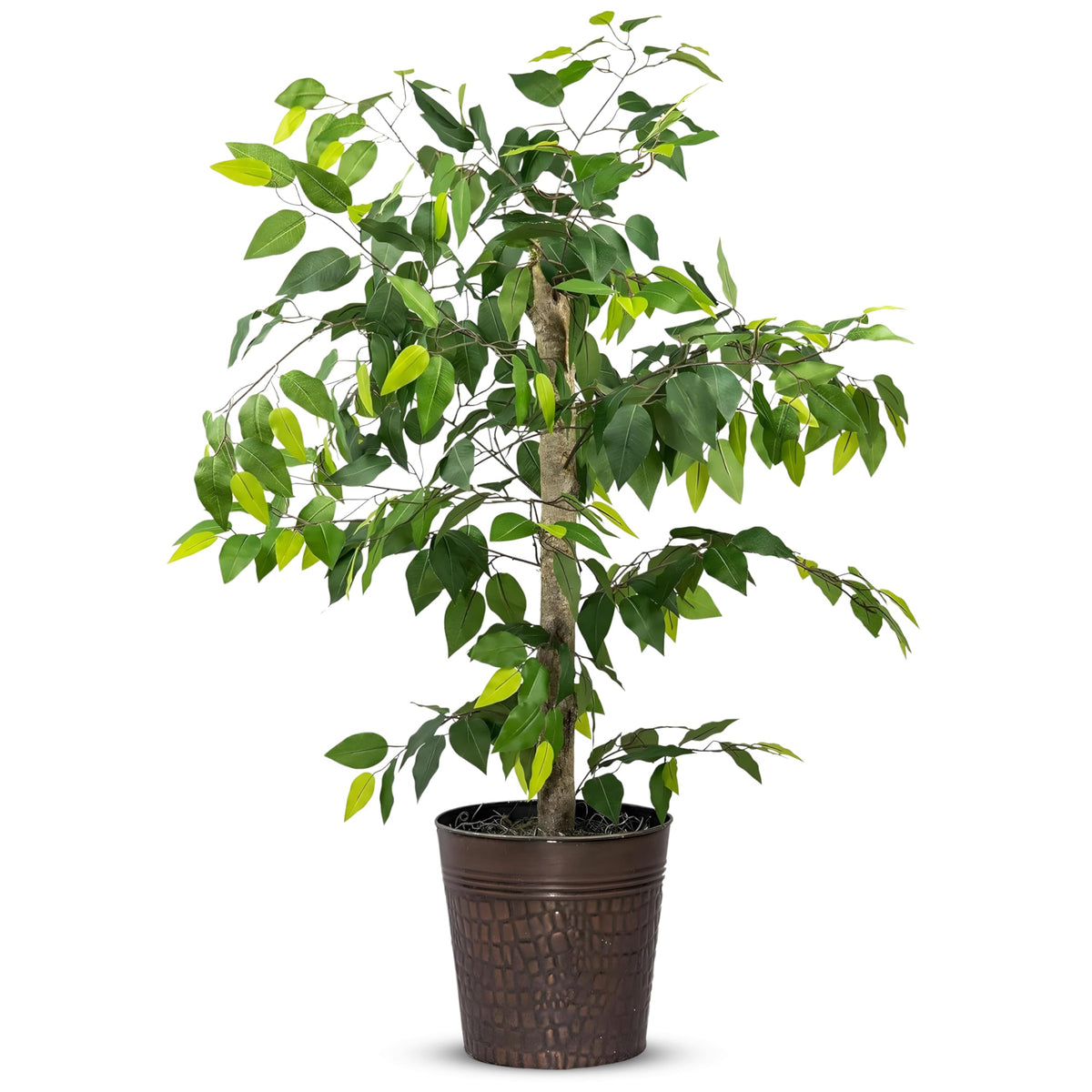 LCG Florals 4ft Ficus Tree in Copper Metal Pot with Real-Wood Trunk - Indoor and Outdoor Faux Plants for Patio, Living Rooms, Offices & Outdoor Spaces