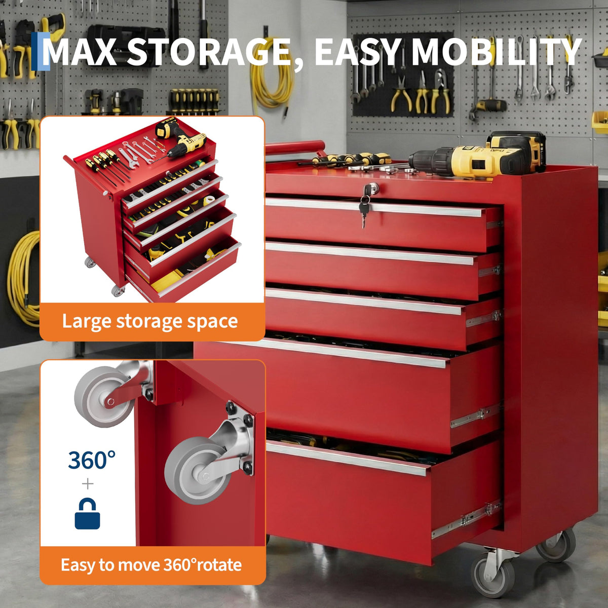 SierraSquad Rolling Tool Chest, 5-Drawer Tool Storage Cabinet, Tool Box with Wheels, Lock System and Drawer Liners, Tool Cart for Warehouse, Workshop and Repair Shop, Red