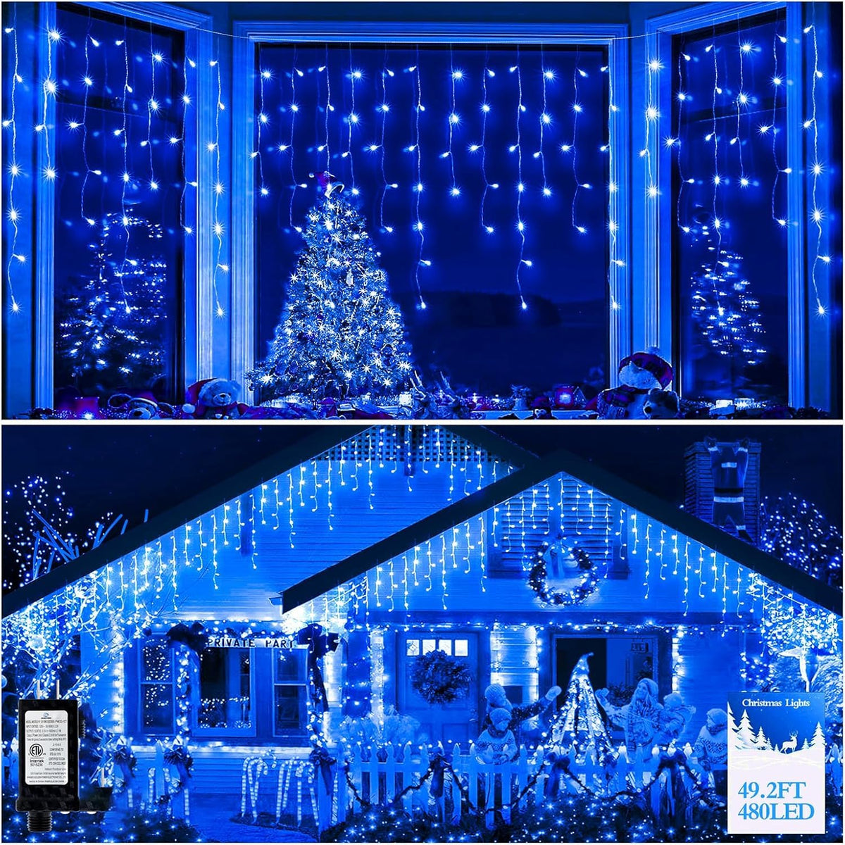 FLVOECN 480 LED 49FT Christmas Lights Plug in 8 Modes with Timer Dimmable Christmas Decorations Outdoor Waterproof Indoor Curtain String Lights for Roof Porch Garden Holiday Wedding Party Decor Blue