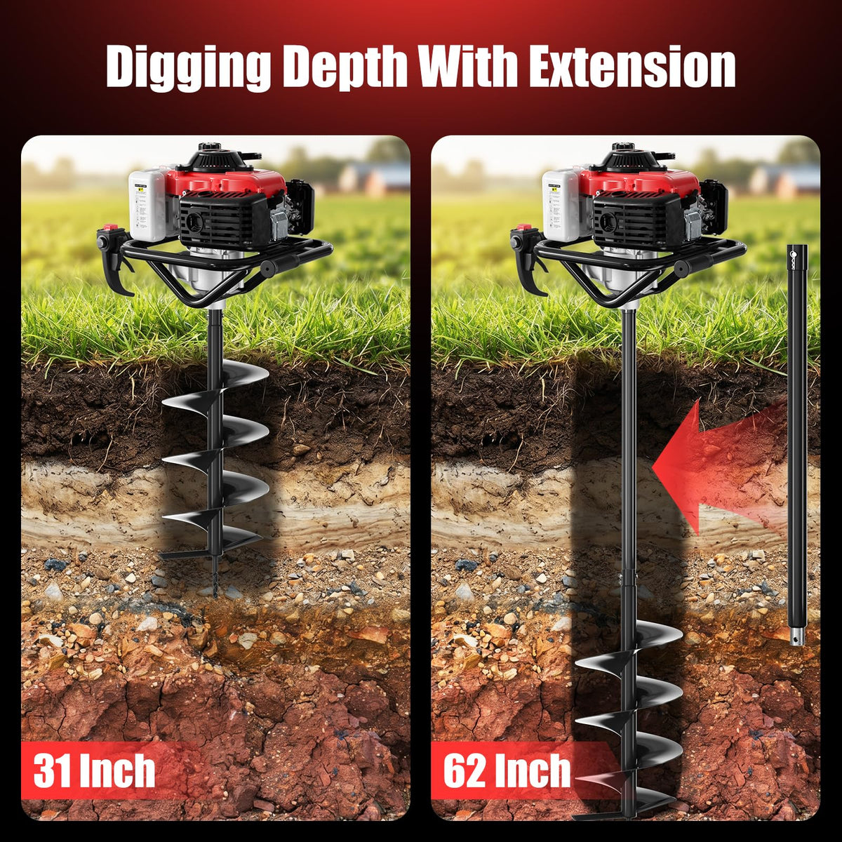Baotree Post Hole Digger, 68cc Auger Post Hole Digger, 4-Stroke Gas Powered Earth Digger with 2 Auger Drill Bits(6" & 8") + 2 Extension Rods, for Farmland, Garden and Plant (68CC)