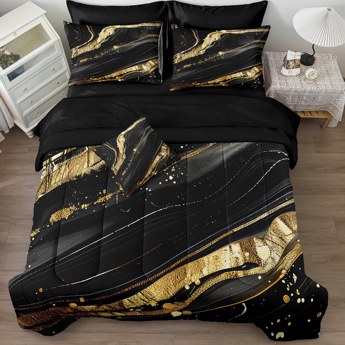 MOVE OVER 8 Pieces Black Gold Marble Bed in a Bag King Size Abstract Marble Textured Comforter Set with 1 Comforter 4 Pillowcases 1 Flat Sheet 1 Fitted Sheet 1 Cushion Cover