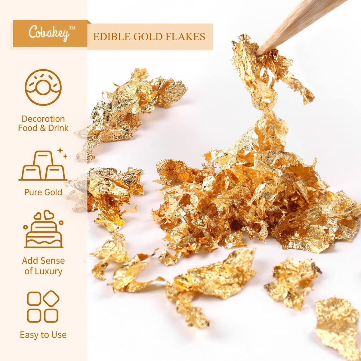 Cobakey Genuine Edible Gold Leaf Flakes - 50mg Edible Gold Flakes for Cake Decoration (Cupcake, Chocolate, Steak, Drink & Cooking), PureGold Leaf with Edible Glitter & Wooden Tweezers