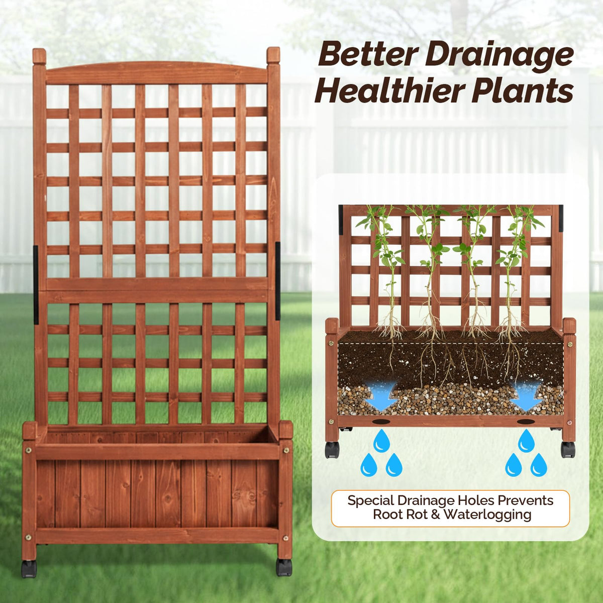 VINGLI 2PC Wooden Planter with Trellis, 50" Height Elevated Garden Beds Outdoor with Wheels, FreeStanding Planter Box with Drainage Holes for Flower, Vegetable, Fruit, Herb in Garden, Patio, Balcony