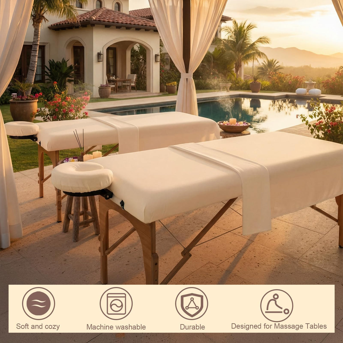 Oudain 4 Sets 3 Piece Soft Microfiber Massage Table Sheets Set Bulk Includes Massage Flat Sheet and Fitted Sheet and Face Rest Cover(Beige)
