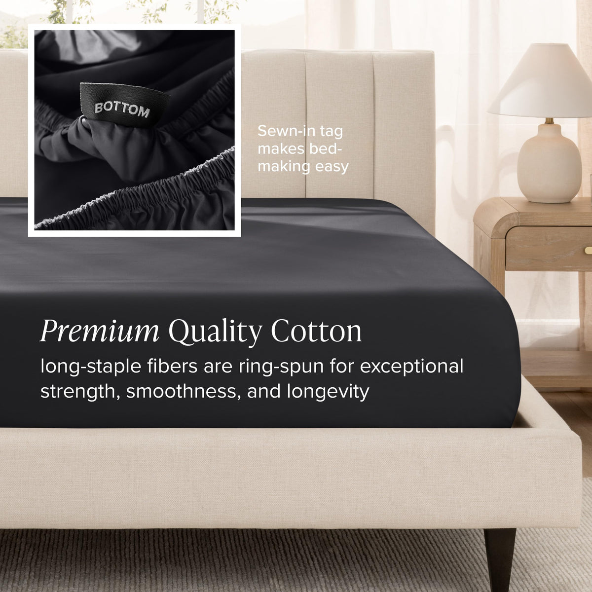 Bare Home 100% Organic Cotton Sateen Fitted Sheet - 400 Thread Count - Smooth Sateen Weave - Breathable & Cooling - Hotel Luxury - Durable Fitted Sheet - Deep Pocket (King, Black)