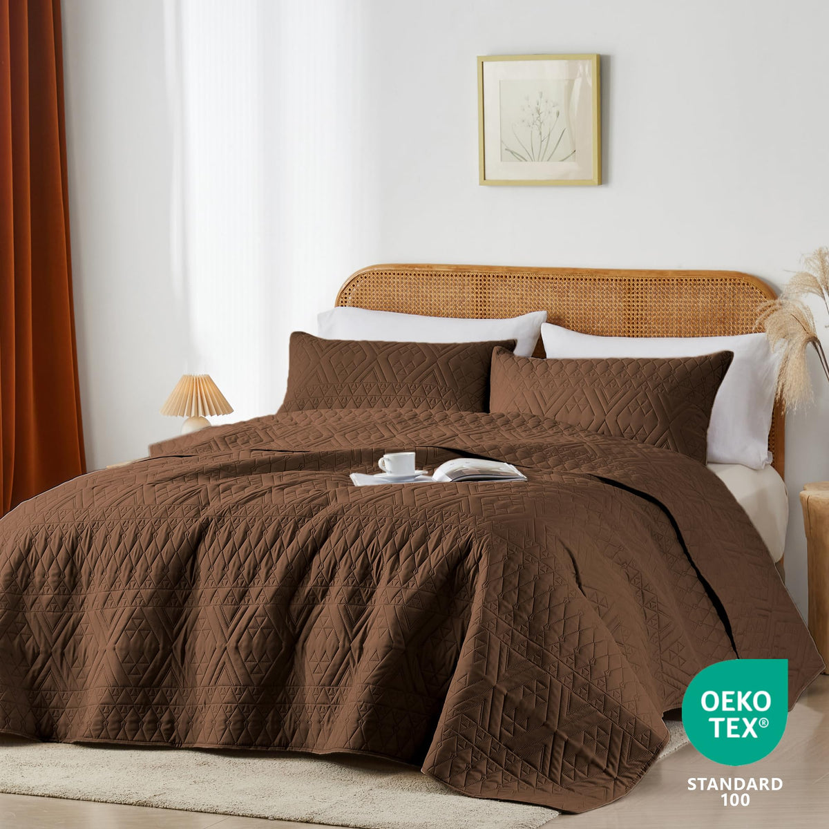 akkialla Full/Queen Size Quilt Bedding Set,Brown Lightweight Microfiber Soft Bedspread,Modern Style Geoetric Pattern Coverlet Set for All Seasons,3 Piece(1 Quilt,2 Pillow Shams)